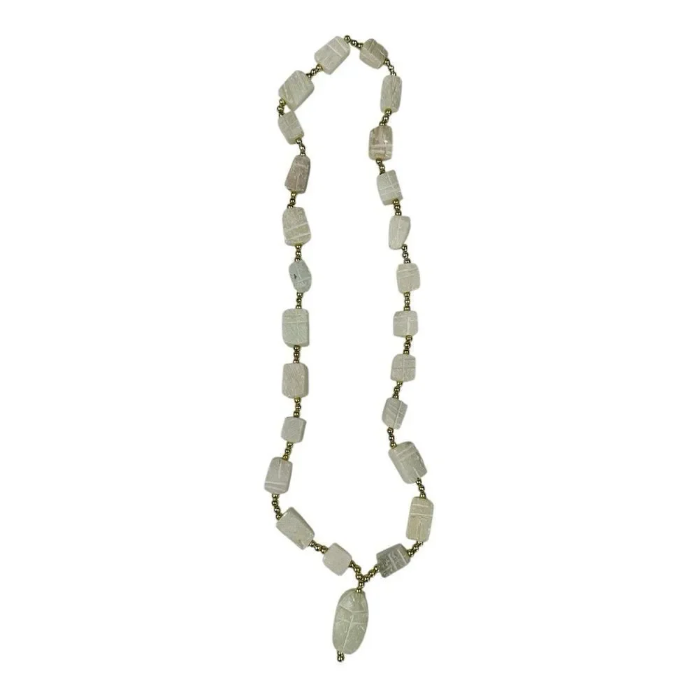 Vintage Egyptian Carved Scarab Beetle Pendant Necklace White Gold Bead Soapstone
